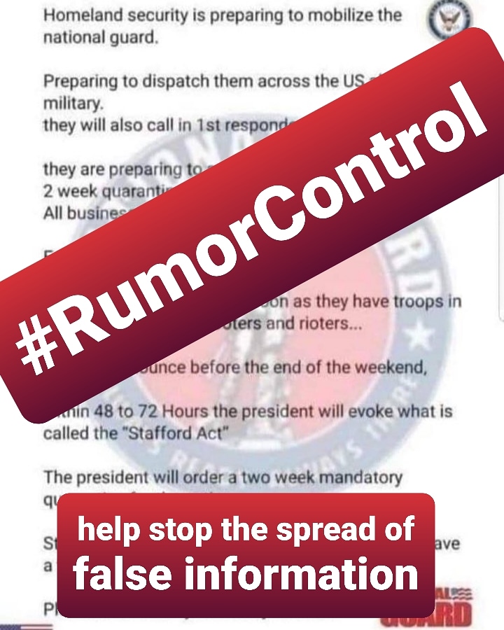 #RumorControl. There are many rumors circulating concerning #COVID_19 and the #NationalGuard.  The rumors that the #SCGuard is supporting a statewide lockdown are not true.  Rumors like this can create confusion and anxiety in our communities. 1/3