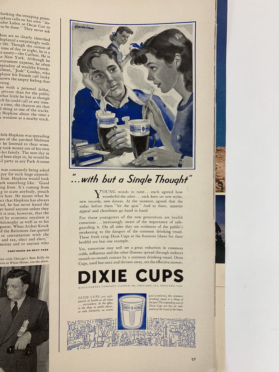 TCNJSarnoff's tweet photo. This 1941 ad for Dixie cups (in a Life magazine we have in the collection) stresses the importance of disposable cups in halting the spread of influenza (while ignoring the environmental impact of disposables). #RetroAdvertisement #MuseumFromHome https://t.co/4g1N1uROu3