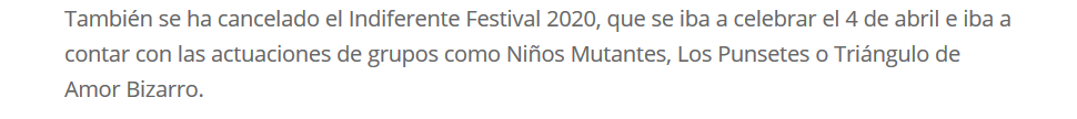Cancelado oficialmente el festival Indiferente.

somos942.com/analizamos-tod…

Iba a celebrarse este fin de semana en el <a href="/PFCantabria/">Palacio de Festivales de Cantabria</a>
 —se trabajó en la búsqueda de otra fecha— y contaba entre otros con los Niños Mutantes y Putochinomaricón.

#somos942