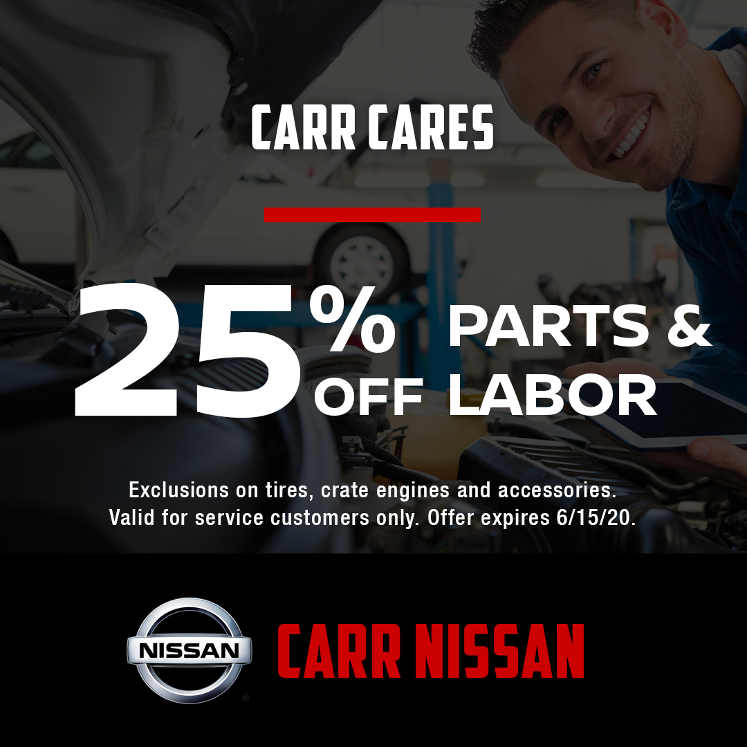 CarrNissan's tweet photo. CARR cares and is offering 25% Off Parts and Labor for all first responders, healthcare workers, teachers, veterans, essential workers and those laid off from their jobs due to COVID-19. https://t.co/j6EFEkRxvf

CARR Nissan. With you all the way. Every mile. Every day. https://t.co/bpUTtHQ8Jh