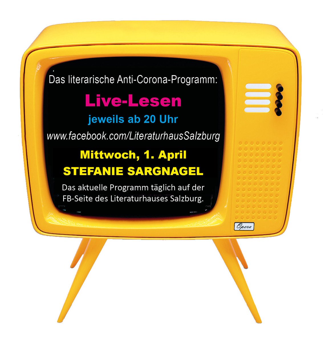 also heute livelesung um 20 Uhr. ich mag die grafik des Literaturhauses Salzburgs dazu. es erklärt den Leuten ganz einfach: es ist wie eine Lesung, nur im _Fernsehen_