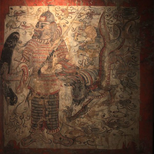 Remember our friends the zhenmushou and guardians from Monday's post? I've by chance come accross a decent(ish) photo of their painted counterparts from the early fifth century Shaling tomb, so I'm going to talk about them today. (Credit for images:  https://www.meipian.cn/1a7f5h1p ) 1/9