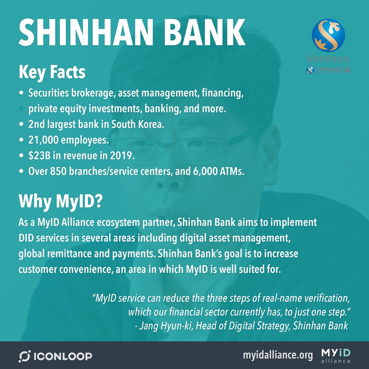 Shinhan Bank is a key partner in the MyID Alliance. Shinhan Bank, South Korea's second largest bank with $23B in revenue in 2019, aims to implement DID for digital asset management, global remittance and payments, and more – a clear use case for  #MyID.  $ICX  #Blockchain  #Crypto