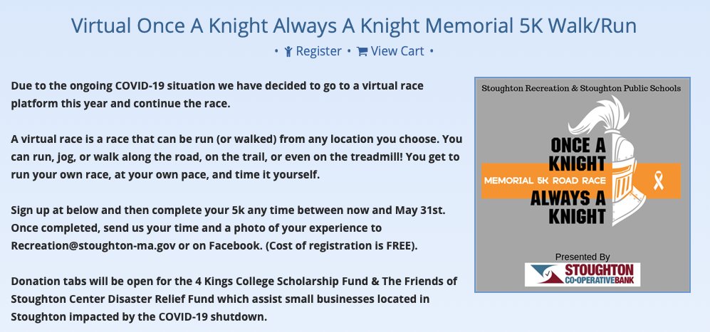 Virtual Once A Knight Always A Knight Memorial 5K Walk/Run, a virtual race is a race from any location. Run, jog, or walk along the road, on the trail, or even on the treadmill! Your own race, at your own pace, time it yourself. 

Sign up: stoughtonrec.org/info/activitie… <a href="/StoughtonMARec/">Stoughton Recreation</a>
