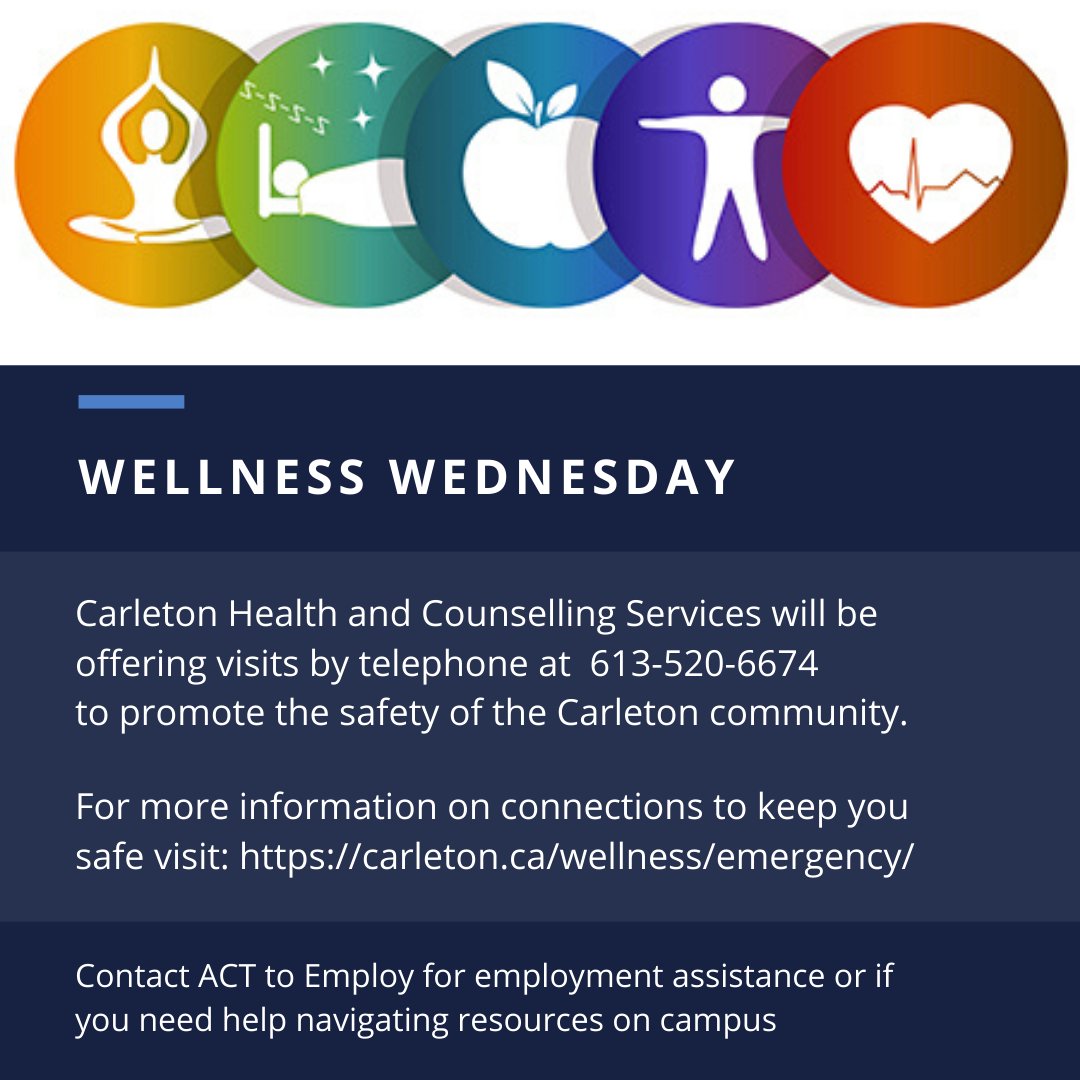 To contact Carleton Health and Counselling by phone call 613-520-6674 or for more information on connection to keep you safe visit: carleton.ca/wellness/emerg…