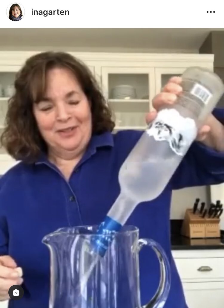 April 1st 2020: COVID finally broke Ina Garten who posted this recipe for a vat of cocktails at 6am.

“I like to make a big pitcher. You never know who’s stopping by. Wait. No one’s stopping by.”