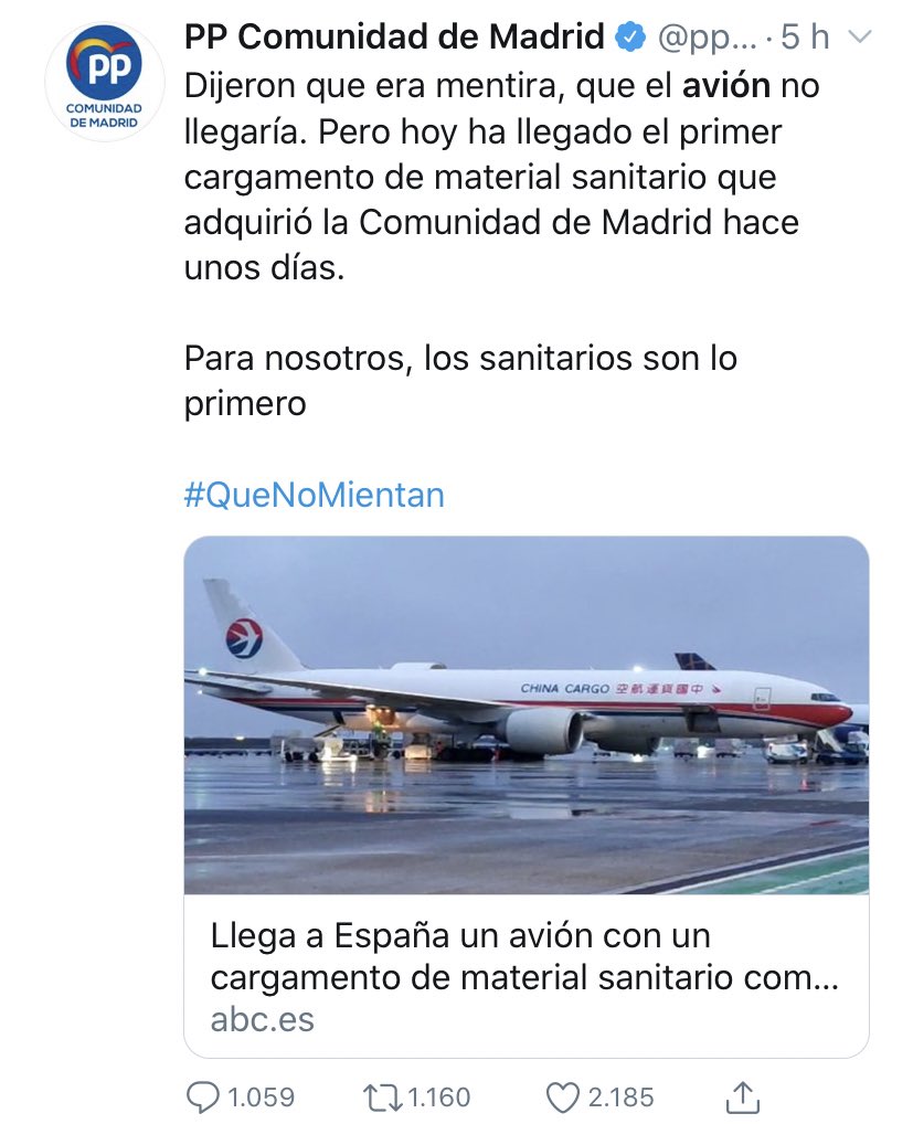 FactCheckCV's tweet image. ❌ FALSO

El avión al que hace referencia el @ppmadrid es el fletado por la Generalitat Valenciana.

Los dos aviones de Ayuso con un coste de 22 millones de euros para la C. de Madrid siguen desaparecidos.