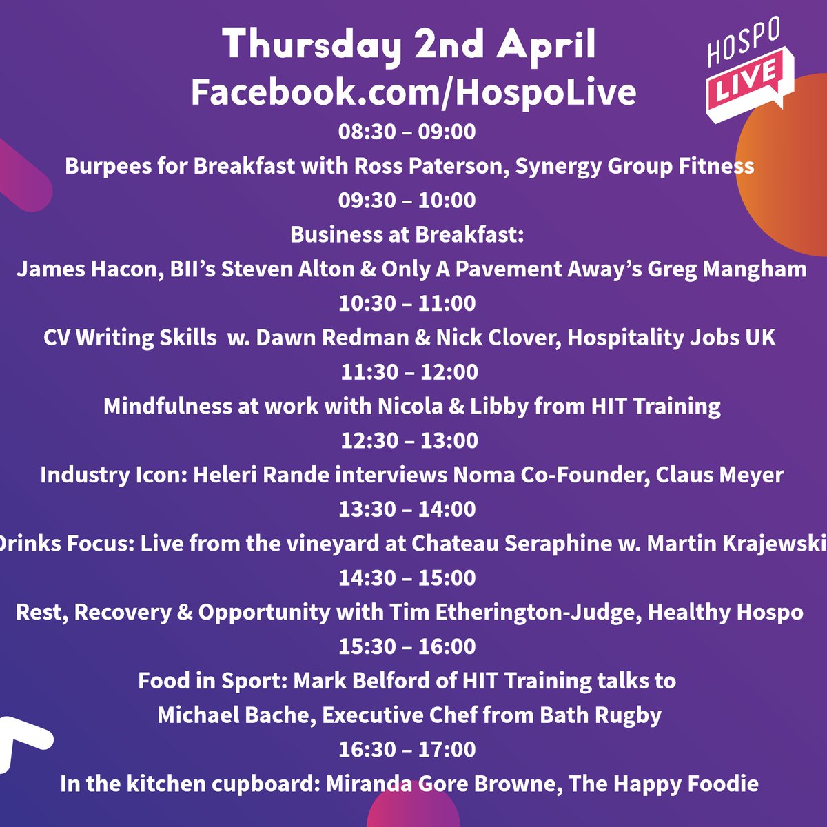 Schedule for tomorrow's <a href="/HospoLive/">HospoLive</a> ! <a href="/HJUKJobBoard/">Hospitality Jobs UK</a> <a href="/SynergyGyms/">SynergyGroupFitness</a> <a href="/HITTraining/">HIT Training</a> <a href="/ClausMeyerDK/">Claus Meyer</a> @healthyhospo <a href="/MirandaBakes/">Miranda Gore Browne</a> <a href="/apavementaway/">Only A Pavement Away</a> <a href="/BIIandBIIAB/">The BII</a> and more!! #HospoLive #InThisTogether Follow the channel on Facebook for more info facebook.com/HospoLive/