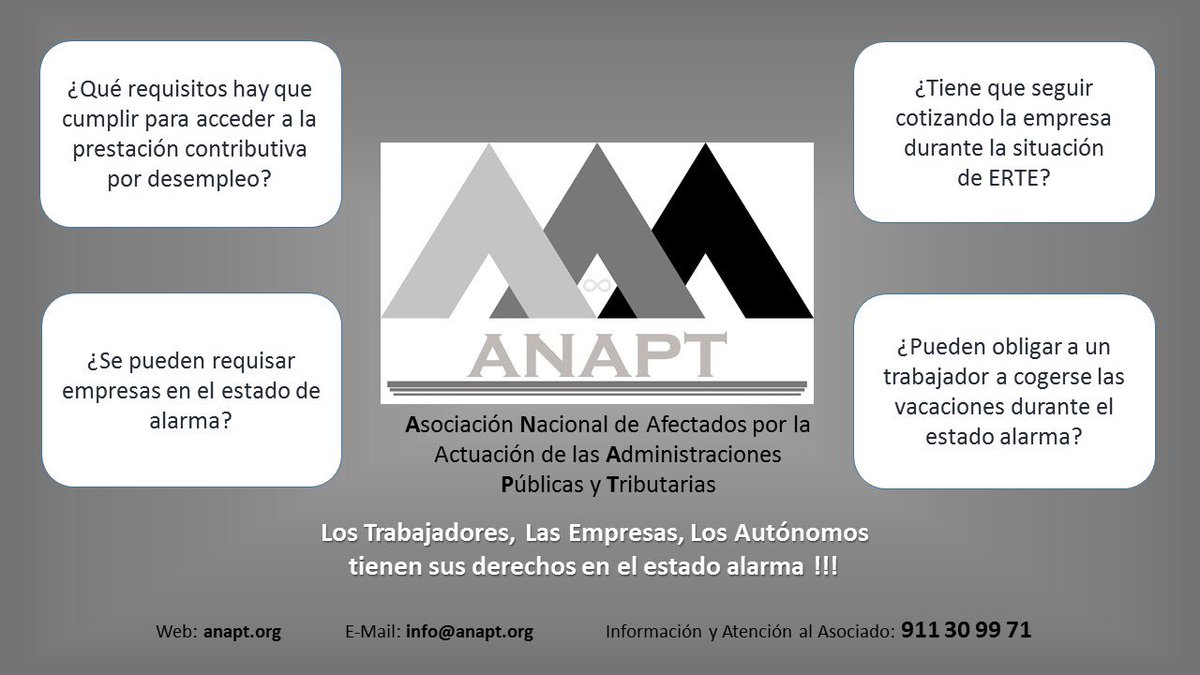 ANAPT11's tweet photo. En el estado de alarma las PYMES, los autónomos, los empresarios, los trabajadores tienen sus derechos! JUNTOS SOMOS MÁS!!!👏🏻👏🏻👏🏻 # #anapt #asociación #tusderechos #ayudajurídica #consultorialegal #teayudamos #juntossomosmas #estadoalarma #derechoslaborales #abogados #pymes https://t.co/YriKYmEc91