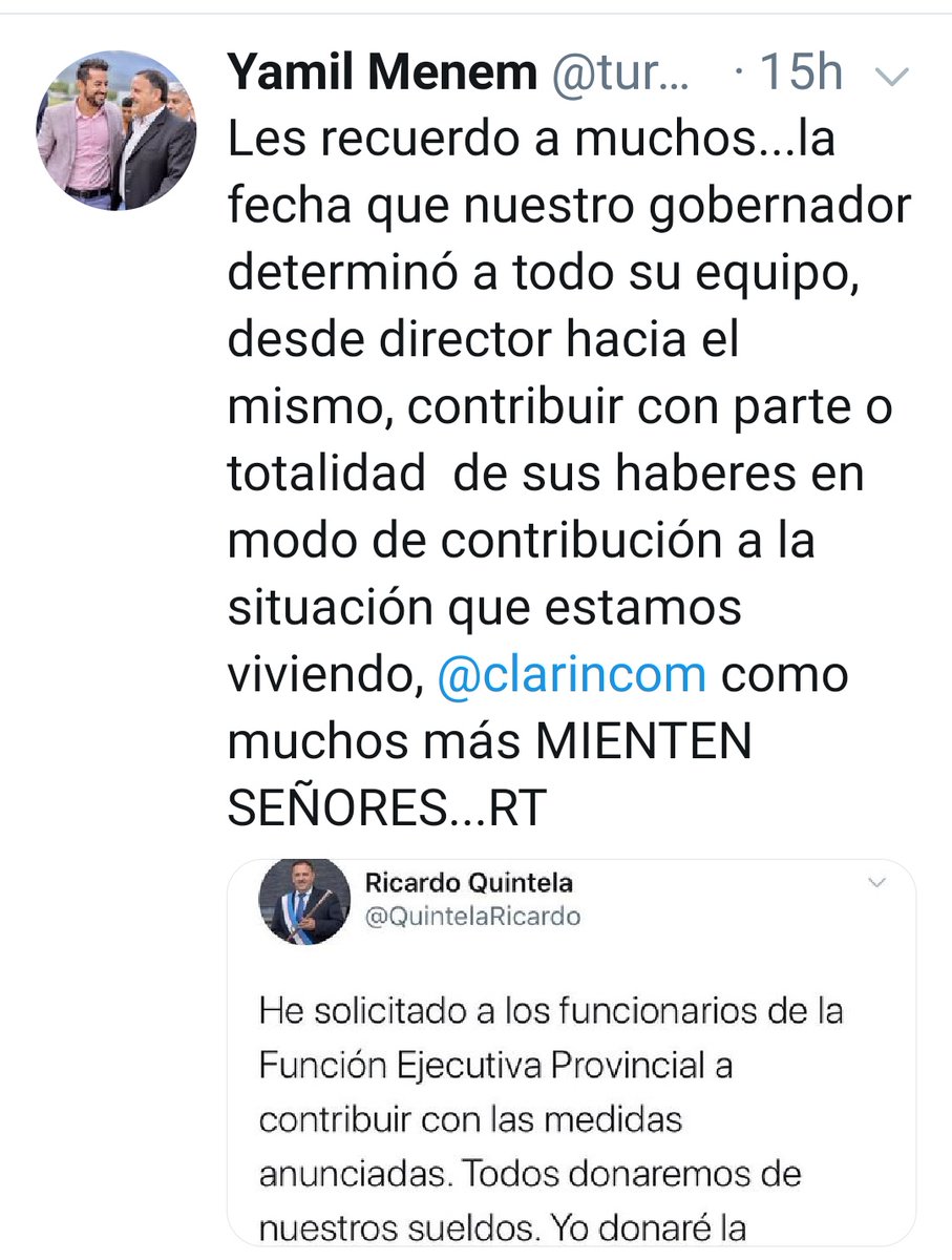 GermanLaRioja's tweet photo. #COMUNICACION
@QuintelaRicardo fue el primer gobernador en donar su sueldo (se puede discutir muchas cosas), pero fue un adelantado.

Sin embargo, nadie se enteró en el país, ya que el @GobDeLaRioja está enfrascado en sus propios egos.

@turquitomenem se quejó por @clarincom https://t.co/vZQSA07irI