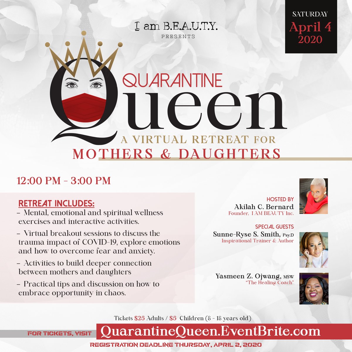 ACTInspires's tweet image. Join us at the Quarantine Queen Virtual Summit for Mothers &amp;amp; Daughters Sat., April  4, 2020. Register at quarantinequeen.eventbrite.com