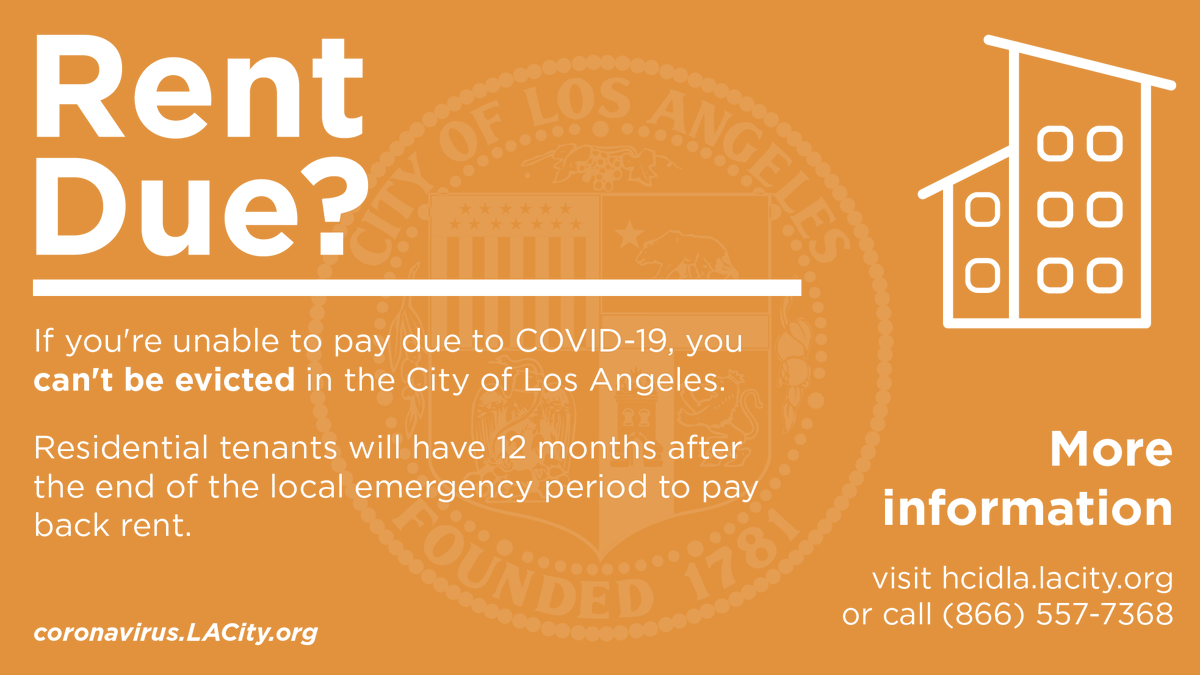 MayorOfLA's tweet image. If you can’t pay your rent due to COVID-19 — whether you’re sick or you’ve been laid off due to the virus — you cannot be evicted during this emergency period and you’ll have 12 months to repay back rent.

Learn more about the eviction moratorium: HCIDLA.LACity.org/COVID-19-evict…