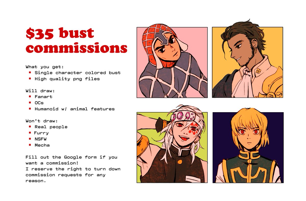 [RT?] I'm opening commissions for colored busts! Taking about 5 slots. Please read and fill out the Google form (https://t.co/Q9M2jzYvvk) if you are interested, and I'll email you if I accept. Payment is via PayPal

(first time doing online commissions ... pls be kind ><) 