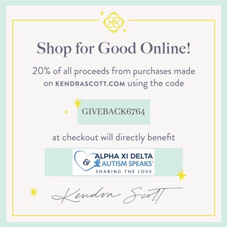 today &amp; tomorrow if you shop online at <a href="/KendraScott/">kendrascott</a> &amp; enter this code you can help support autism speaks 🤍🤩 
link: …mspeaksvirtualgiveback.splashthat.com