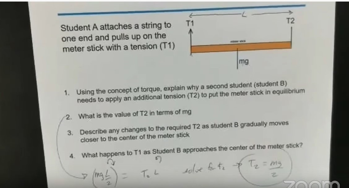 fuzzylogicgirll's tweet image. Hi @JacobsPhysics!
I don&apos;t understand the answer to #2. Instead of mg/2 = T2, I got mg-T1 = T2. Why isn&apos;t T2 the difference of mg and T1?