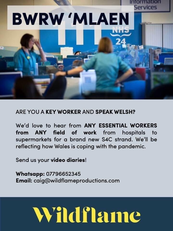 Key worker ? Speak Welsh? Get in touch! <a href="/wildflamemedia/">Wildflame Productions</a>