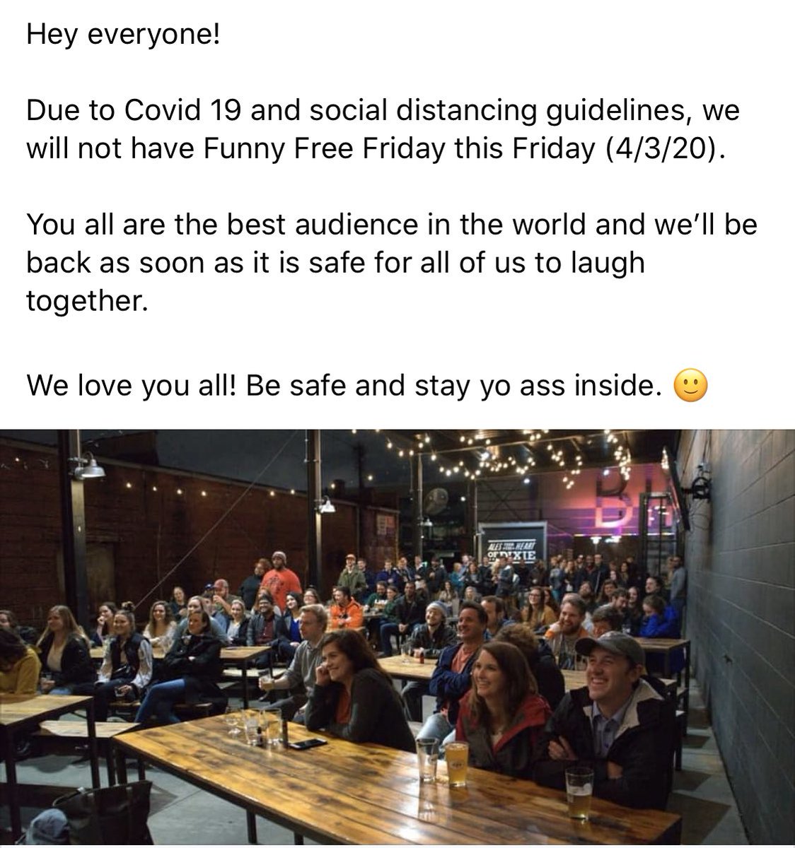 GoulashComedy's tweet photo. Pretty obvi, but no Funny Free Friday at @GPBrewing this Friday (4/3). We’ll be back real soon. Love you all. Be safe! https://t.co/yZmk8c0mw9