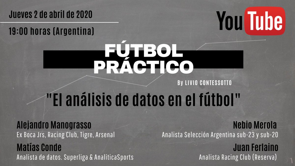 Futbol_Practico's tweet photo. Mañana a las 19 horas, por el canal de Youtube Fútbol Práctico (suscribite, es gratis), charla con 4 especialistas sobre el análisis de datos en el fútbol.
@AManograsso @mmcr85 @NebioM @Juan_Ferlaino @Nacsport @InStatFootball @KlipDraw @ninomangravita @joseorocuaf @VicenMuglia https://t.co/rrOUtf2ojS