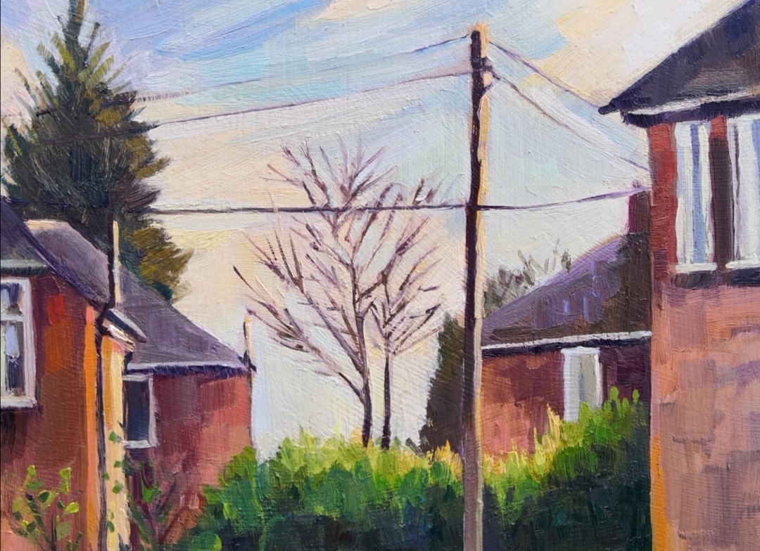SJonesart's tweet photo. 'View over the garden fence', oil on plywood and a line drawing of houses inspired by @ArtMackeown and #drawntogetherUK.The idea is to draw what you see from a window and invite someone to do the same @sam_wadsworth 😉
#stayhomesavelives #isolationdrawing #Newcastle  #pleinair https://t.co/OQswOVLm2A