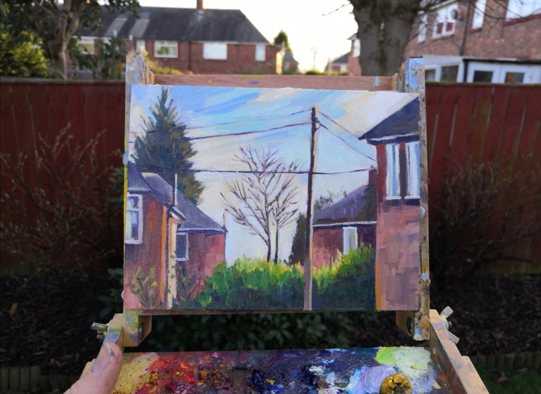 SJonesart's tweet photo. 'View over the garden fence', oil on plywood and a line drawing of houses inspired by @ArtMackeown and #drawntogetherUK.The idea is to draw what you see from a window and invite someone to do the same @sam_wadsworth 😉
#stayhomesavelives #isolationdrawing #Newcastle  #pleinair https://t.co/OQswOVLm2A