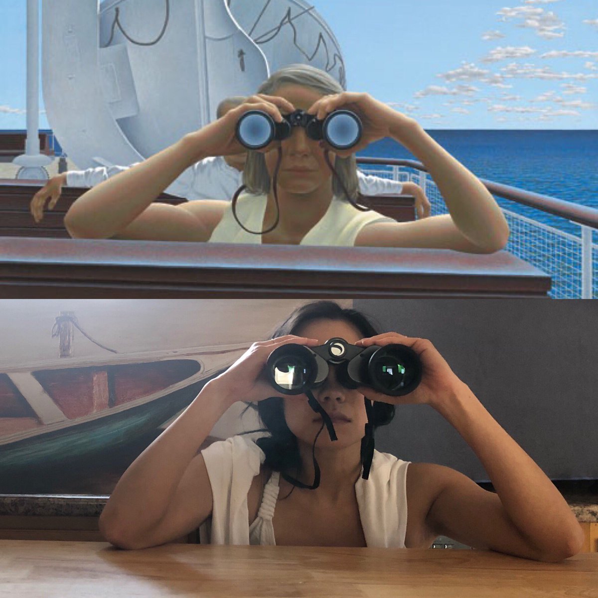 linaseto's tweet photo. @GettyMuseum: Alex Colville, To Prince Edward Island, 1965
Acrylic emulsion on Masonite, @NatGalleryCan, Ottawa
Vs. @linaseto, Replica, 2020, boat print, yoga towel and binoculars https://t.co/iNjz5x5B3H