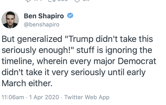 I guess conservatives believe this stuff but Democrats including Joe Biden, Chuck Schumer, and Chris Murphy were all publicly complaining Trump wasn’t taking this seriously enough in late January and early February.