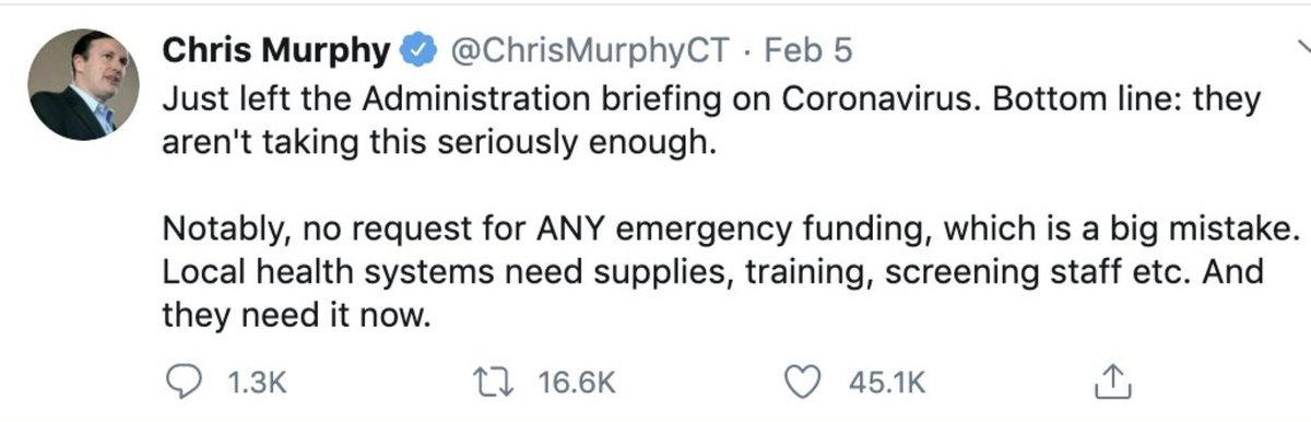 I guess conservatives believe this stuff but Democrats including Joe Biden, Chuck Schumer, and Chris Murphy were all publicly complaining Trump wasn’t taking this seriously enough in late January and early February.