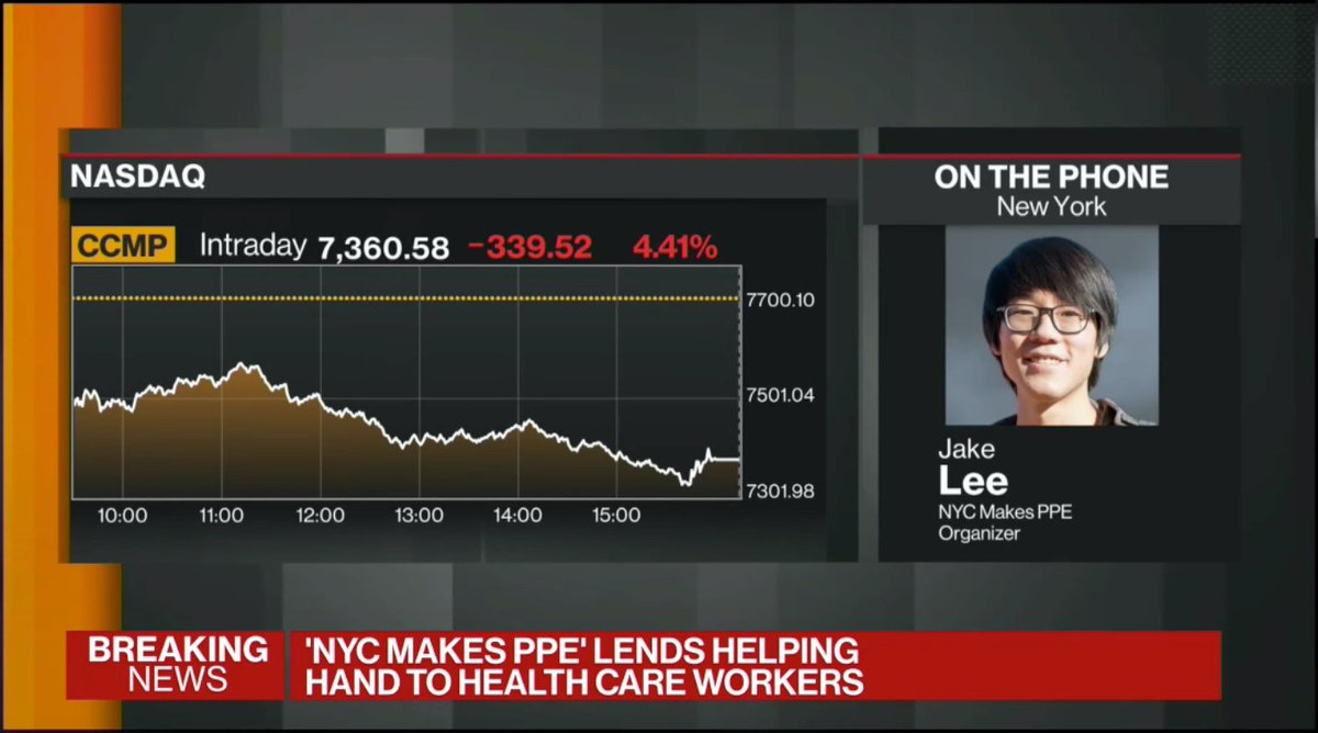nycmakesppe's tweet photo. Our main man Jake Lee was just on Bloomberg TV discussing our effort to help our hero nurses and doctors with PPE https://t.co/iLCW0zo6U8 https://t.co/10Vp0KsXfS