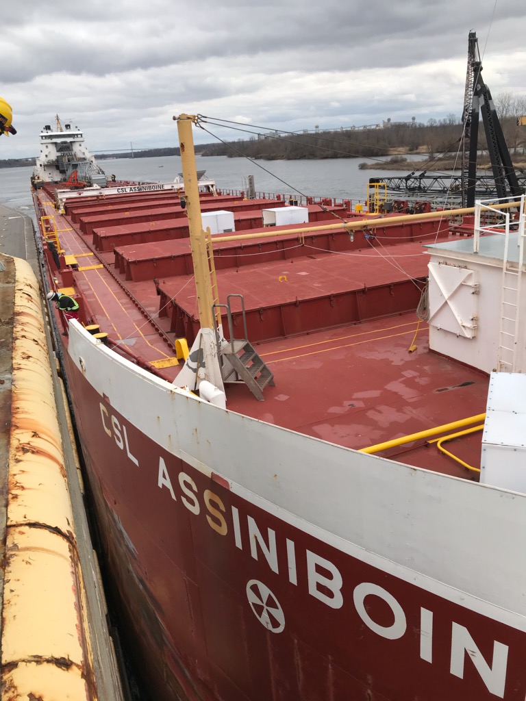 SeawayUSDOT's tweet photo. The nearly 740-foot MV Assiniboine is the first vessel to transit the US Seaway locks. The CSL bulk carrier, westbound from Cote St. Catherines QC; bound for Conneaut, Ohio is in ballast and will be loading iron ore and traveling downbound to Quebec City. https://t.co/jfkJ9C0tcs