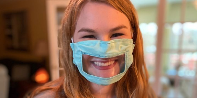 RNID's tweet photo. Great idea! Ashley over in the US has created these protective masks with plastic windows to help people who rely on lip reading to communicate get the information they need when admitted to hospital during the #coronavirus outbreak. https://t.co/MuOYf2Zspl