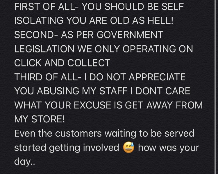 ColvilleAlex's tweet photo. So I had a #dearcustomer scream at me today.. it’s click and collect only? And of course that’s not good enough is it? So he goes off at me because he has to buy one thing or his house is going to fall down if not .. and my #dearmanager springs from nowhere 
#retailhell 🖕🏻🖕🏻🖕🏻🖕🏻 https://t.co/8BoKyxC3OL