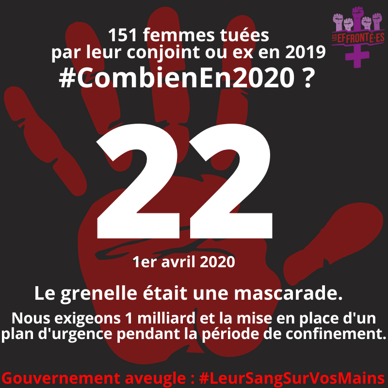 efFRONTees's tweet photo. Source : @feminicidesfr 
Il faut 1 milliard pour lutter contre les violences conjugales. 1 vrai milliard, pas 1 budget fabriqué en intégrant des crédits non sécurisés, des dépenses à l'international et d'autres liées à des dispositifs existant dep des années, présentés comme nvx. https://t.co/GbiD818cIb