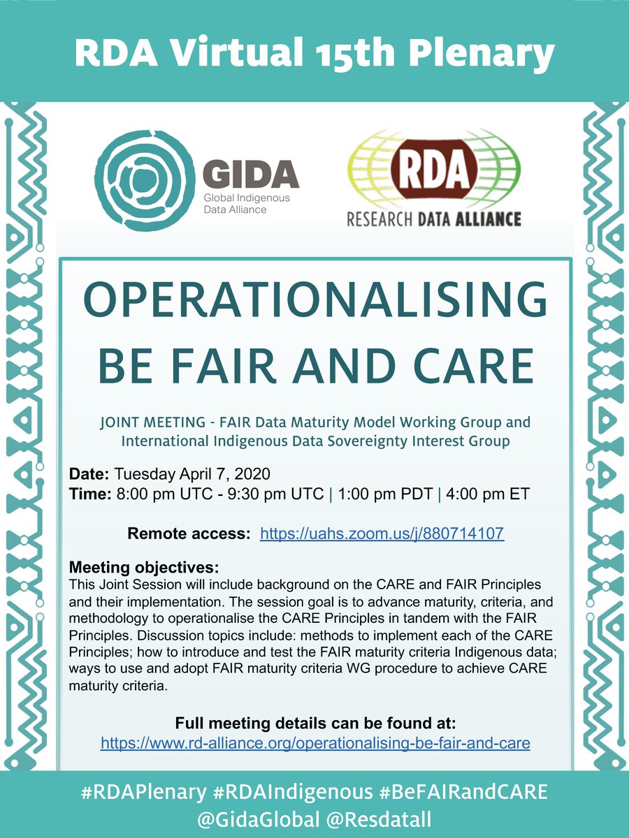 US Indigenous Data Sovereignty Network (@usidsn) on Twitter photo The 'Operationalising Be Fair and Care' webinar will be happening April 7th as part of the virtual <a href="/resdatall/">Research Data Alliance (RDA)</a> #RDAPlenary sessions w/ <a href="/GidaGlobal/">Global Indigenous Data Alliance (GIDA)</a> and the FAIR Data Maturity Model WG #RDAIndigenous #BeFAIRandCARE
rd-alliance.org/operationalisi… The 'Operationalising Be Fair and Care' webinar will be happening April 7th as part of the virtual <a href="/resdatall/">Research Data Alliance (RDA)</a> #RDAPlenary sessions w/ <a href="/GidaGlobal/">Global Indigenous Data Alliance (GIDA)</a> and the FAIR Data Maturity Model WG #RDAIndigenous #BeFAIRandCARE
rd-alliance.org/operationalisi…