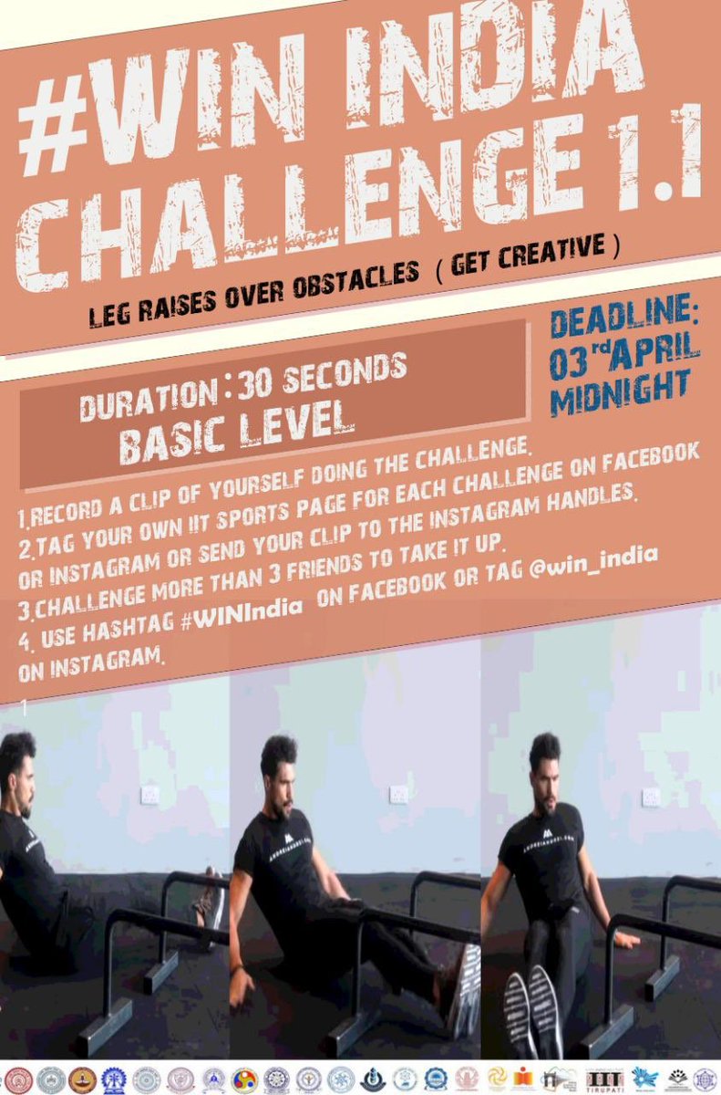 First set of challenges are here!! 

Challenge 1.1 is all about using a creative object for the leg raises and completing the activity for a period of 30 seconds. 

Challenge 1.2 is doing 6 front slide push ups with each hand. 

Upload your videos with the hashtags #WINIndia