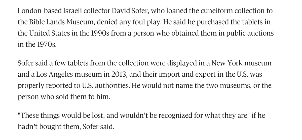 Sofer's claim was originally published in a 2015 AP article by  @DanielEstrin here: https://www.theglobeandmail.com/news/world/ancient-tablets-displayed-in-jerusalem-part-of-debate-over-looting-of-antiquities-in-mideast/article22940572/