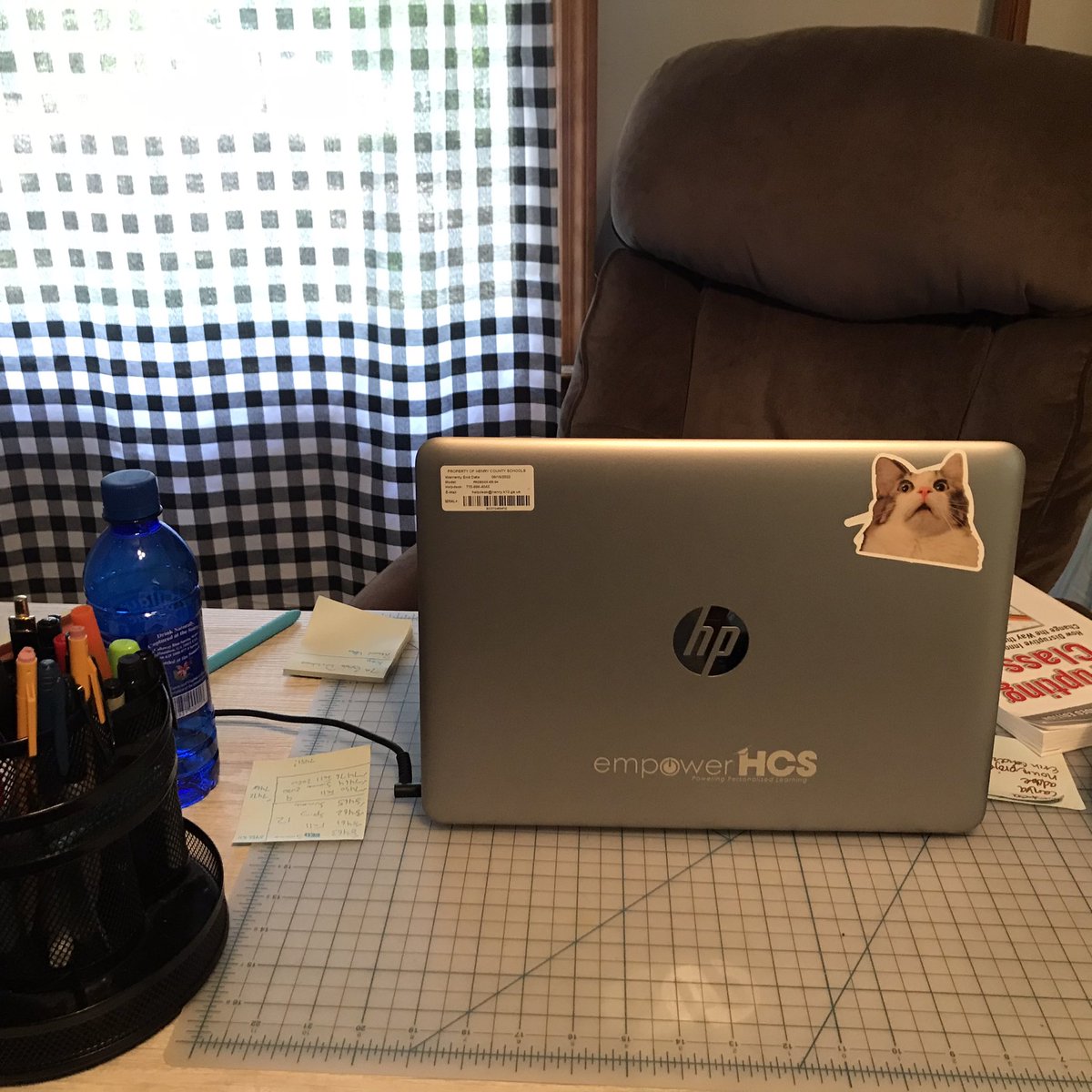 SuperDScience's tweet image. #HopIntoSpringBreakHCS The remote learning office setup. My face has looked like the cat sticker a lot during this #lol