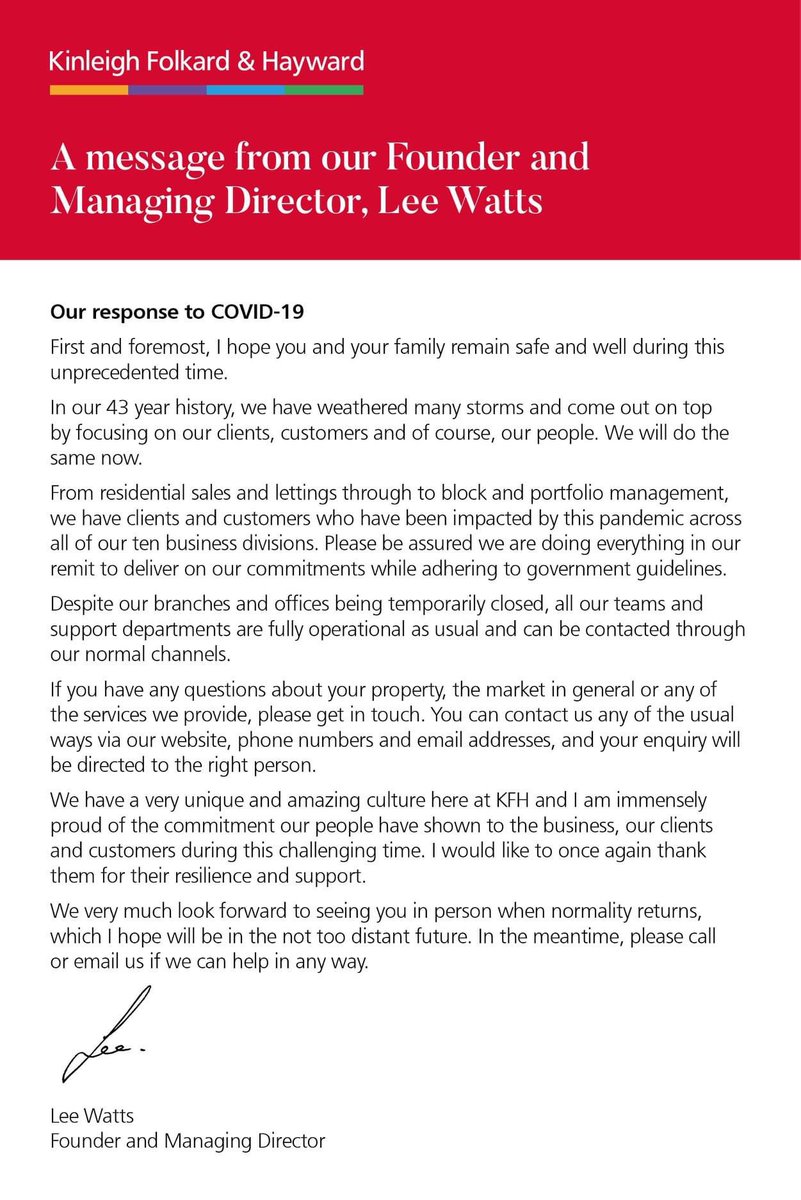 KFHPalace's tweet photo. Lee Watts, Managing Director at KFH, dicusses our commitment and support to our clients, customers and our people at this unprecedented time. See his statement below.

If you have any questions, please do get in touch. 

https://t.co/9Bohy1iYcc

#london #property #staysafe https://t.co/mwhttBDNg7