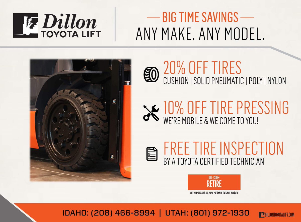 DillonToyotaLif's tweet photo. Ready to RETIRE? Tires that need to be replaced can become a hazard, it’s important to know when it’s time to replace them. Dillon Toyota Lift is offering 20% off Tires, 10% off Tire Pressing, and a FREE Tire Inspection with code RETIRE. #dillontoyotalift #forklifttires #retire https://t.co/0TR8ynVszF