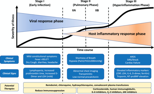 sotomayor_cesar's tweet photo. Probably the best clinical summary of #COVIDー19, including signs/symptoms&amp;laboratory tests depending on the severity of the disease, the time of evolution and its relationship with the viral phase and the host response, as well as the potential treatments in each phase. @SEIMC_ https://t.co/RfyK0Plpnk