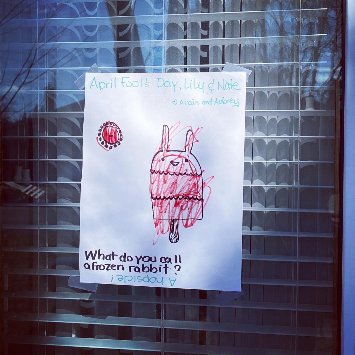 RiversideParkCR's tweet photo. Here are some jokes posted around #RiversidePark as part of the April 1st #WindowWalk #ScavengerHunt. Share photos of the jokes you find in your neighbourhood. #AprilFoolsDay https://t.co/38WgisIGNz