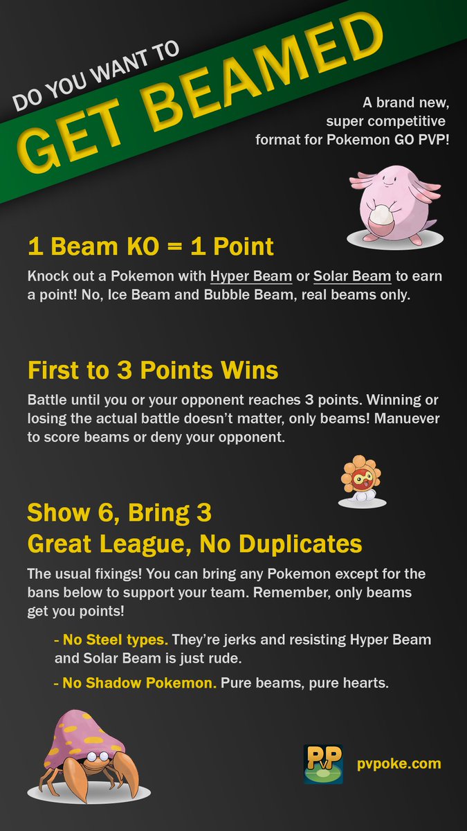 pvpoke's tweet photo. Want to #GetBeamed? Unleash the beams and memes in this new competitive format! Special thanks to @Cochin0Mum and @0h0khaha for helping develop and test! Check the rankings below for very official Beaminess ratings:

https://t.co/9pX4JzFOdH https://t.co/RQseOylnek