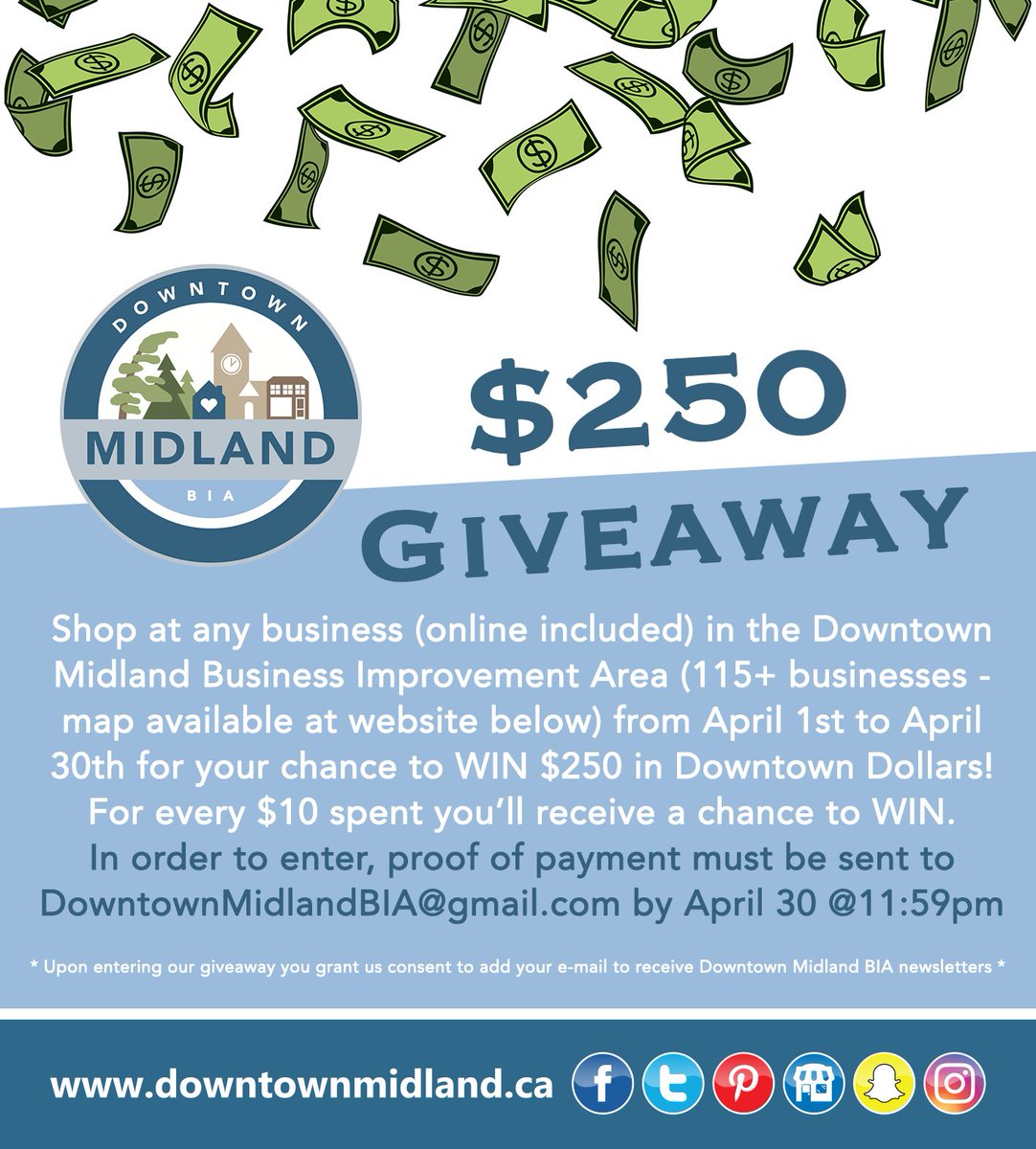 Shop at any business (online included) in the Downtown Midland Business Improvement Area (115+ businesses) from April 1st to April 30th for your chance to WIN $250 in Downtown Dollars!

DETAILS: downtownmidland.ca/events

#DMShopLocalGiveaway #DowntownMidlandON