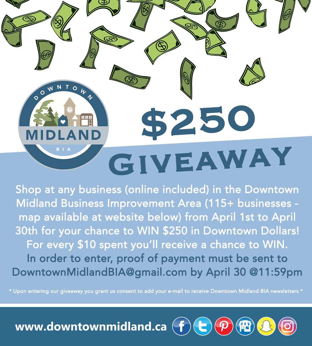 Shop at any business (online included) in the Downtown Midland Business Improvement Area (115+ businesses) from April 1st to April 30th for your chance to WIN $250 in Downtown Dollars! DETAILS: downtownmidland.ca/events #DMShopLocalGiveaway #DowntownMidlandON