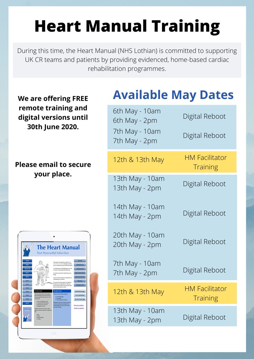 TheHeartManual's tweet photo. Here are our May dates for FREE remote Heart Manual Training and Digital Reboot sessions to support facilitating the Digital Heart Manuals which we are providing for free until June 2020.

Email heart.manual@nhslothian.scot.nhs.uk to book

Please retweet! 

#CardiacRehabiliation https://t.co/W5ViyNxoeJ