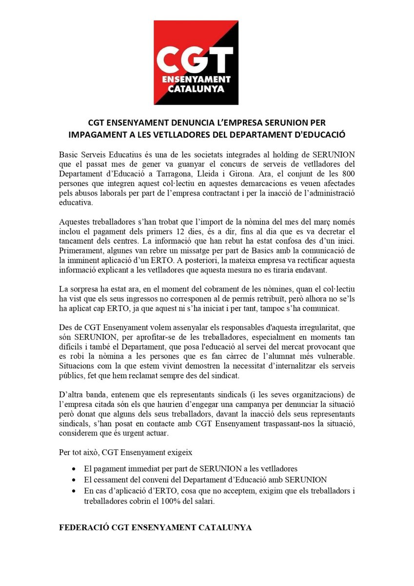 CGT Ensenyament denuncia <a href="/Serunion/">อีวาน 🥊🇹🇭</a> per impagament a les vetlladores i a <a href="/educaciocat/">Educació</a> per permetre aquest la situació que està patint aquest col•lectiu. 
EXIGIM PAGAMENT DE NÒMI ES JA!
<a href="/vetlladors/">Plataforma Vetlladors/es de Tarragona</a> <a href="/CGTCatalunya/">CGT Catalunya 🚩🏴</a> <a href="/CGTEnsenyament/">CGT Ensenyament 🚩🏴</a>
