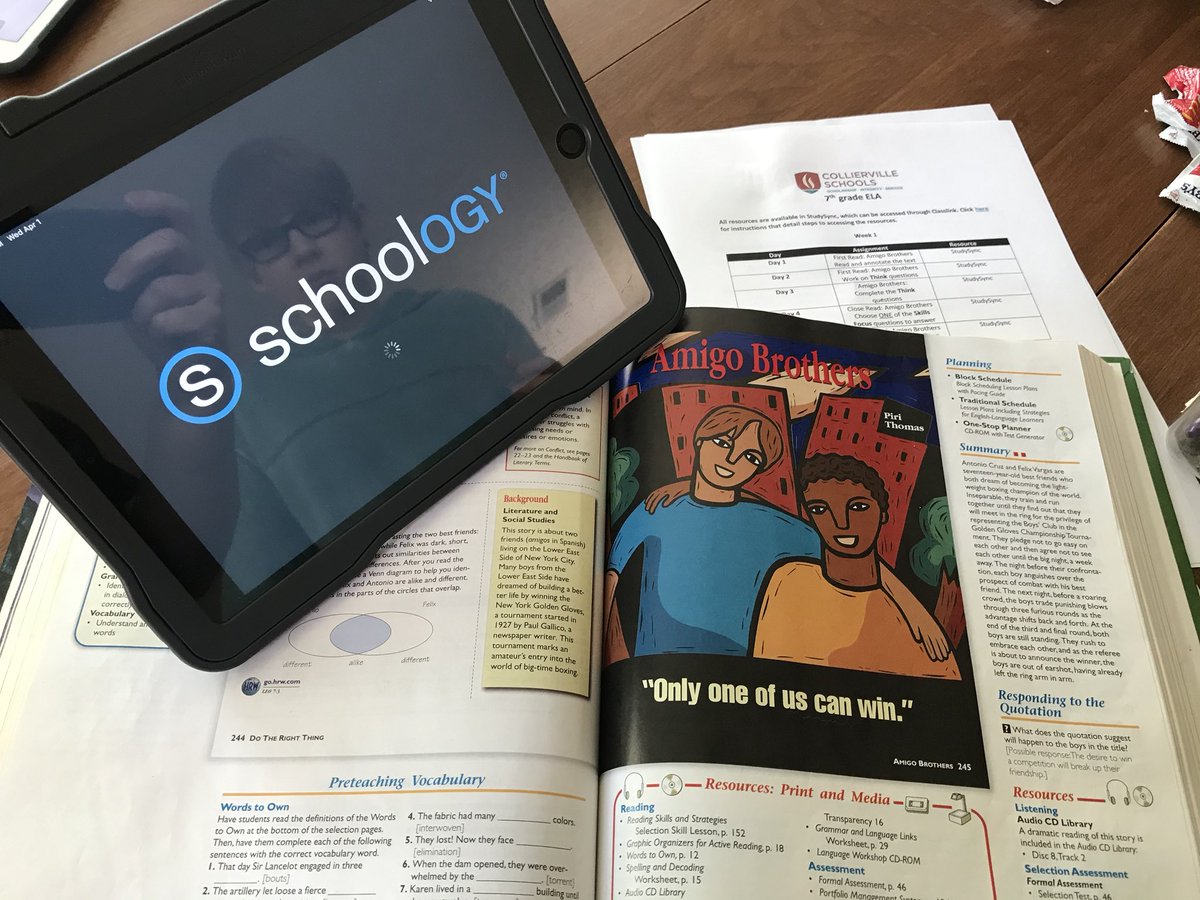 DECTeacher's tweet photo. When Schoology is down and your “English Teacher” dad gets out his old Literature textbook with your assigned reading! No excuses. #CMS #ColliervilleSchools https://t.co/wzoGX1RLyQ
