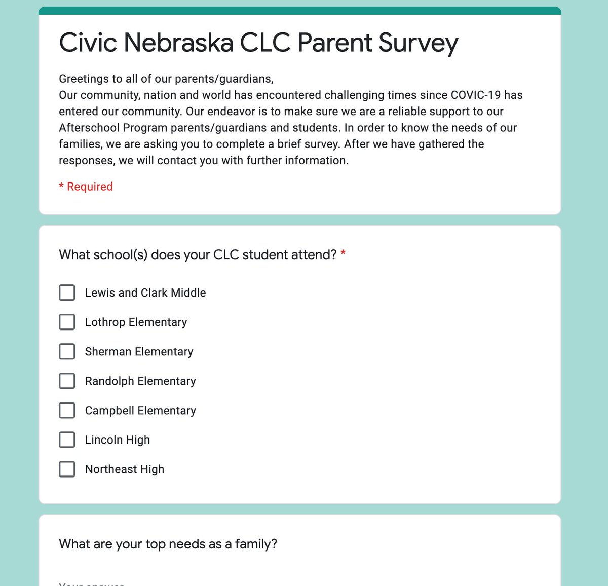 LHSFRC's tweet photo. We want to hear from YOU! Share with us about how you are doing via the Civic Nebraska CLC Parent Survey found here: https://t.co/Libko0Mlf1
We are working on virtual CLC programming and welcome your feedback on how we can support your family. Take care friends! https://t.co/ethUbOvI1n