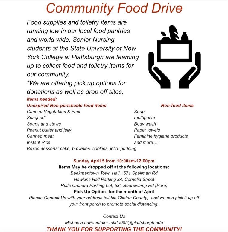 Plattsburgh State Cardinals (@plattsathletics) on Twitter photo Senior nursing students from <a href="/SUNYPlattsburgh/">SUNY Plattsburgh</a> are teaming up to hold a Community Food Drive. View the flyer for more details.
#CardinalCountry Senior nursing students from <a href="/SUNYPlattsburgh/">SUNY Plattsburgh</a> are teaming up to hold a Community Food Drive. View the flyer for more details.
#CardinalCountry