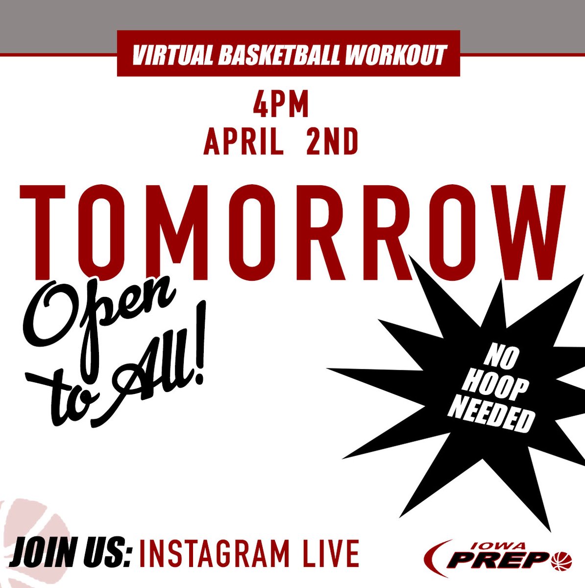 TNT5Basketball's tweet photo. Join us for a basketball workout tomorrow at 4pm CST on Instagram live! No hoop needed. Just come ready with a basketball and water bottle. Hand Sanitizer is optional. We'll see you then!
#basketball #athomeworkout #stayhome #skillsession https://t.co/jRfz08Xpu7