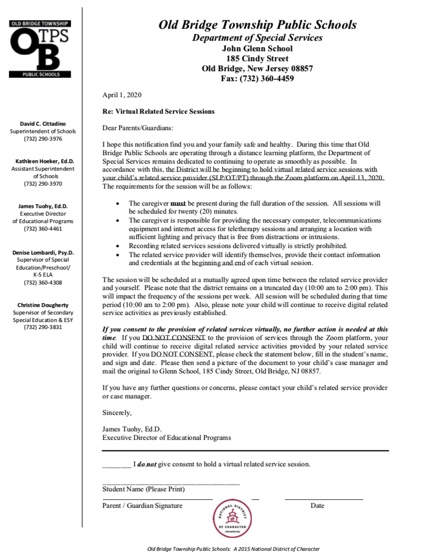 Please see letter concerning OBPS Virtual Related Service Therapy.  Check the OBPS district website under "Services" for additional info. @OBSupCittadino <a href="/OBassistantsup/">Kathleen Hoeker</a> <a href="/SEPTAOldBridge/">SEPTA of Old Bridge</a> <a href="/OBsepag/">Old Bridge SEPAG</a> <a href="/OB_Dougherty/">Christine Dougherty</a> <a href="/OBLombardi/">Denise Lombardi</a>